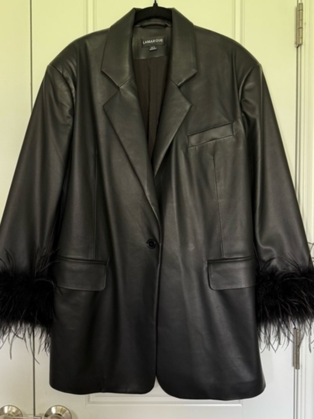 Lamarque Black Leather Blazer with Feather-Trim Cuffs